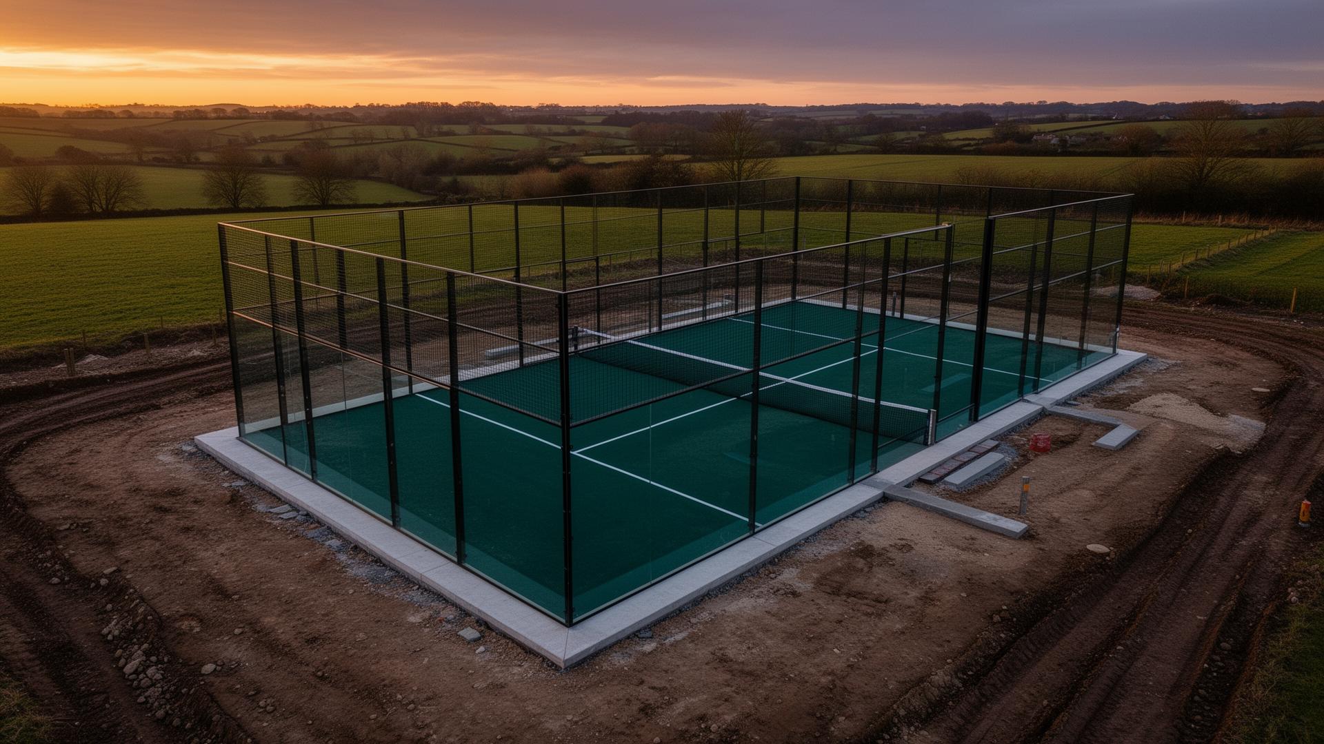 Newly constructed outdoor padel court in the British countryside at dusk